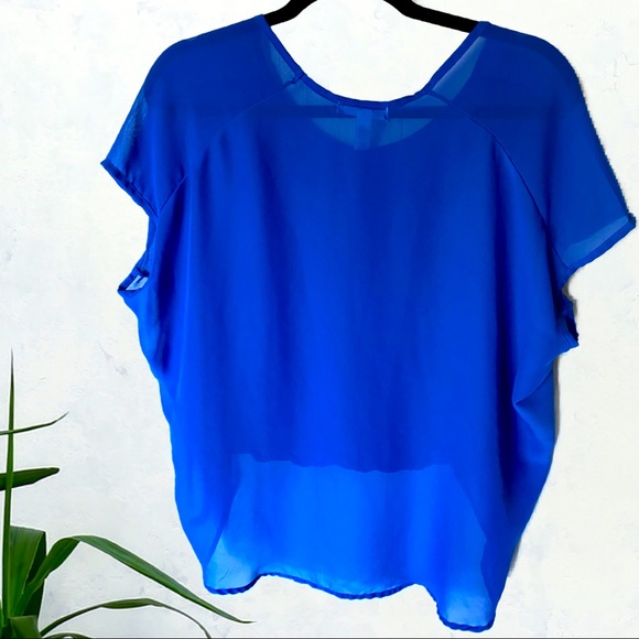 Ambiance | Asymmetrical Sheer Back Short Sleeve Top. Great Condition. - Picture 3 of 8